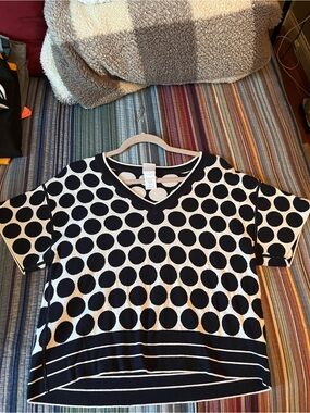 CAbi Navy and White Polka Dot V-Neck Top